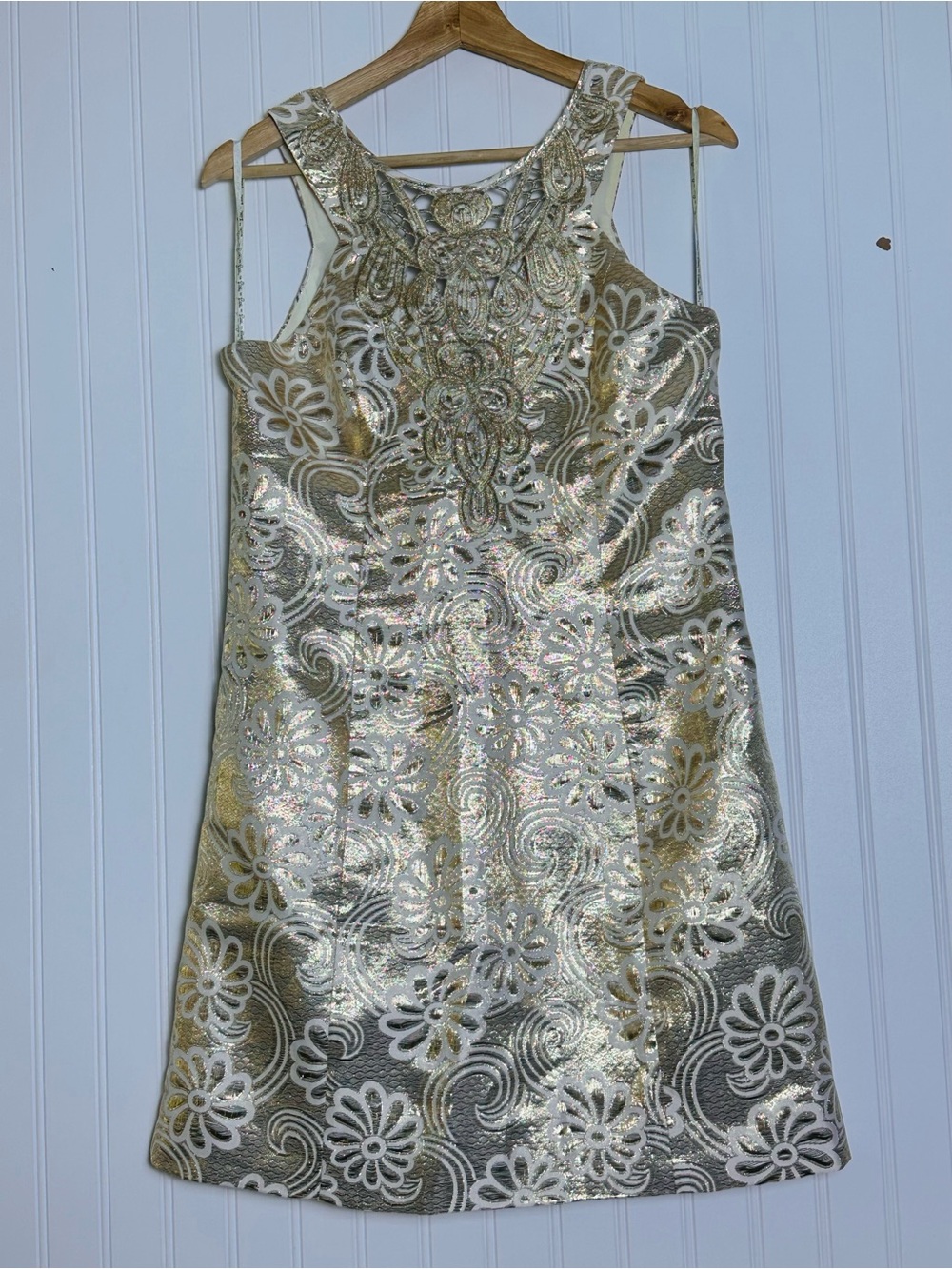Lilly Pulitzer Largo Shift Dress Gold Metallic Flower Pique Jacquard 6 Elegant